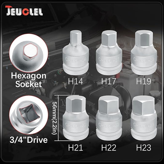 6PCS 3/4"Drive Hex Allen Bit Socket set, Cr-MO H14 H17 H19 H21 H22 H23 Drive Impact Hex Socket Kit, Hex Screwdriver Socket Adapter, Hand Repair Remover Tool