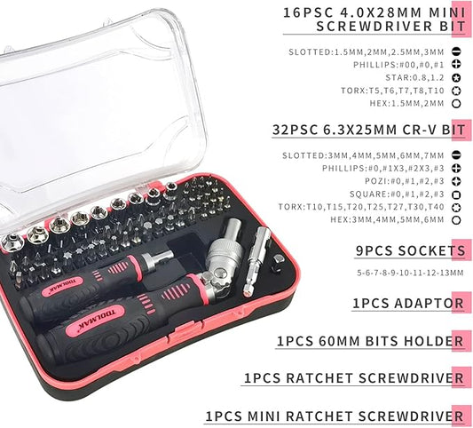 Ratcheting Screwdriver Set 61pcs Socket Set & Screwdriver Bit Set with Rotatable Ratchet Handles 竊?Storage Case, Household Repair Tool Kits for Bike-Pink