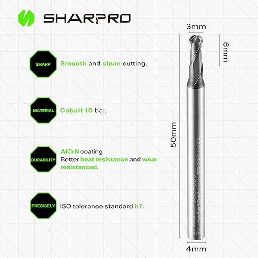 Carbide Ball Nose End Mill 2 Flute 4mm SHK. 3mm Cutting Dia. 3D Carving, High-Speed and Deep Cutting, AlCrN Coated, Apply for Alloy Steel, Stainless Steel and Various Cast Iron.