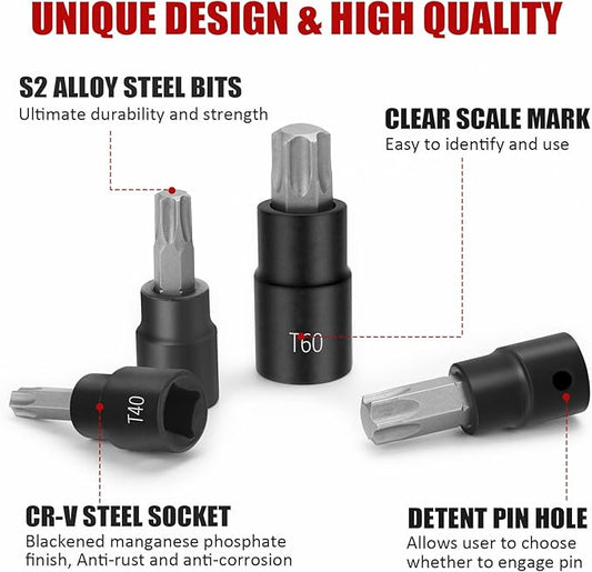 13-Piece Torx Bit Socket Set, 1/4?? 3/8??and 1/2??Drive T8-T60 Star Socket Set, S2 Steel Bits and CR-V Sockets with Storage Case