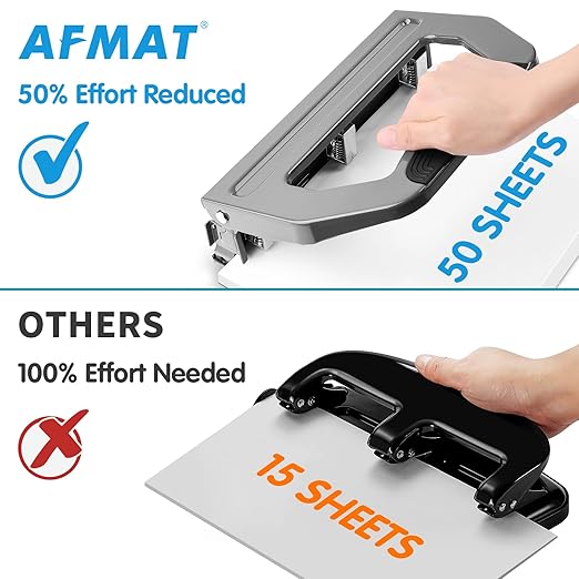 AFMAT 3 Hole Punch Heavy Duty, 9/32" Holes, 50-Sheet Hole Puncher 3 Ring, 50% Reduced Effort, Adjustable Two & Three Hole Punch, Metal Paper Puncher w/Large Chip Tray, Metal Paper Guide, Gray, HP18