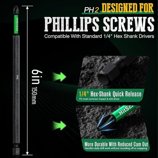 PH2 Phillips Bits #2 ??10 Pack 6" Extra Long Impact Driver Bits,S2 Steel Magnetic Screwdriver Bits for Power Tools and Screw Guns