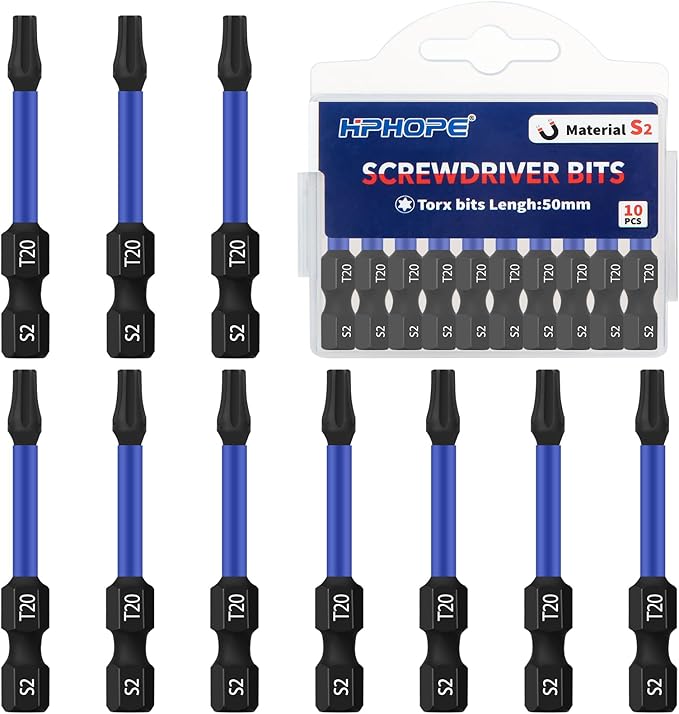 HPHOPE T20 Screwdriver Bit Set 10Pcs, Torx Bits T20, 1/4" Hexagon Bit, Length: 50mm