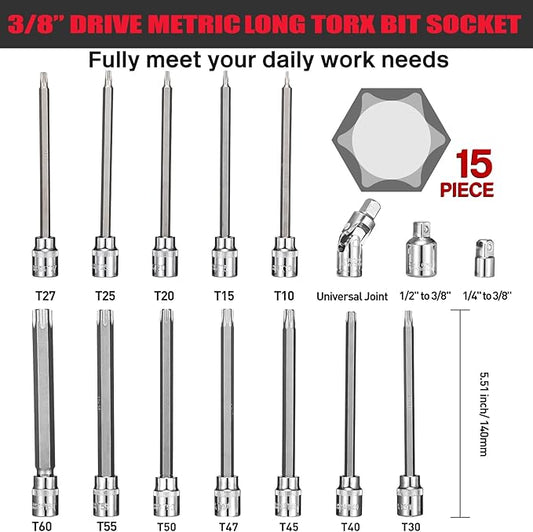 3/8" Drive Extra Long Torx Bit Socket Set,15-Piece T10-T60 Star Bit Socket Set S2 Alloy Steel Torx Bit 4.6" Length