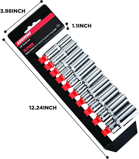 Egofine 10PCS 3/8??Drive Deep Socket Set,Metric Socket Set竊?0-21mm,6 Point Socket Set With Hanging Bracket,Cr-V Steel