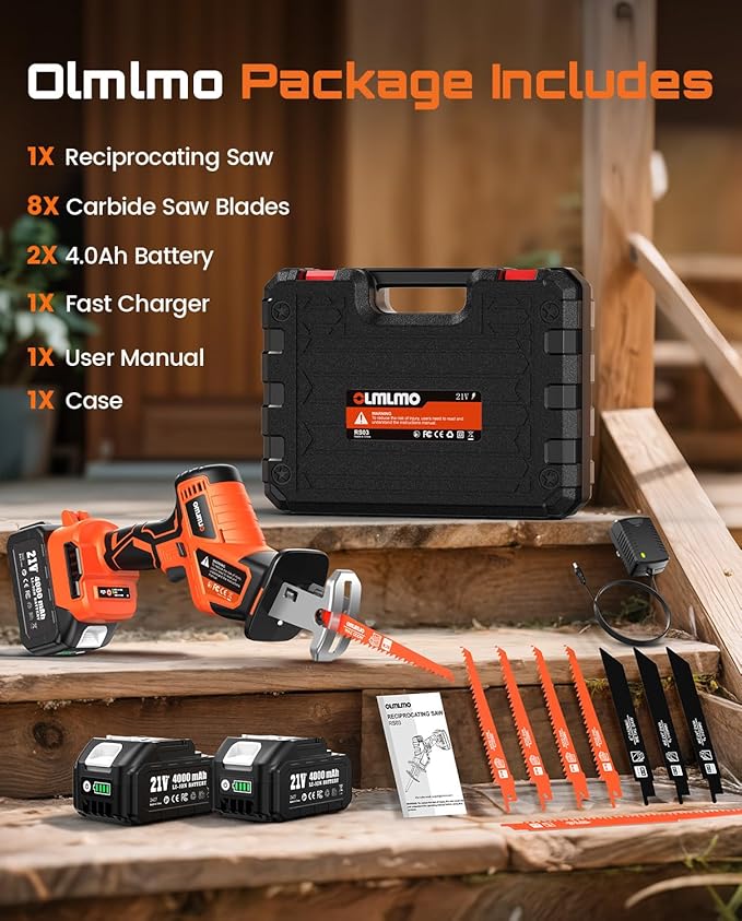 Cordless Reciprocating Saw With 8 Blades – 2×4000mAh Batteries, Brushless Motor, Variable Speed 0‑3200 SPM, Tool‑Free Blade Change, Power Reciprocating Saw for PVC Wood, Metal Cutting DIY
