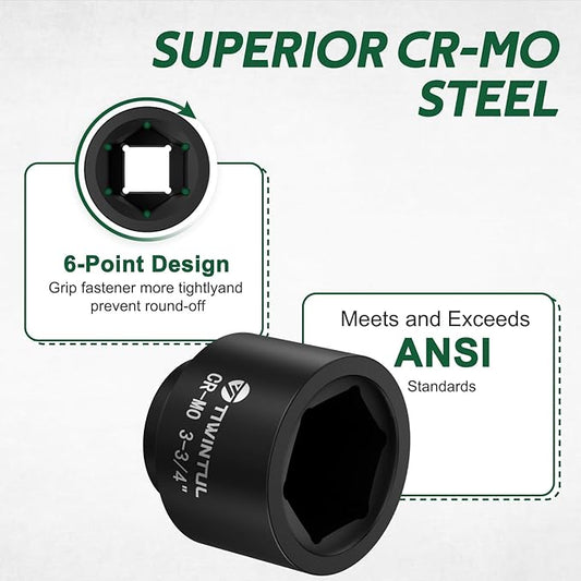 3-3/4" Impact Socket 1" Drive, Deep 6 Point CR-MO Heavy Duty Socket, Single Axle Nut Socket for Mining Trucks, Oilfield & Wind Turbine Flange Bolts, Railway & Port Equipment, ANSI Certified