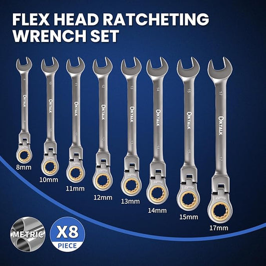 DikTalk 8PCS Flex Head Ratcheting Wrench Set, Metric 8-17 mm, 72-Tooth CR-V Steel with Rolling Pouch for Automotive Repair & Mechanics