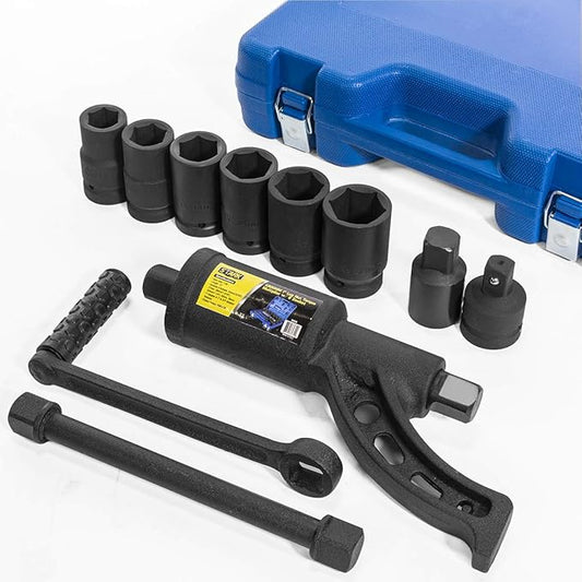 XtremepowerUS 8-Pieces Torque Wrench Labor Saving Lug Nut Wrench Torque Multiplier Cr-v Socket (24mm to 38mm) for Semi Truck & RVs w/Case
