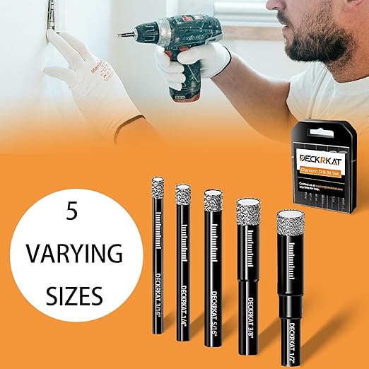 5 Piece Diamond Drill Bits Set, Core Drill Bits for Hard Materials - Tiles Ceramics Glass Stones ??Built in Coolant, Fast Dry Drilling - Sizes 3/16" 1/4" 5/16" 3/8" 1/2" - Round Shank, Storage Case