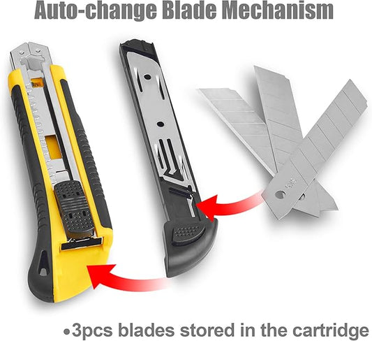 DOWELL Utility Knife Box Cutter Retractable Self Loading Heavy Duty Snap Off Quick Change Extra Blades(3PCS) TPR+PP Handle Cutting Cardboard Boxes or DIY