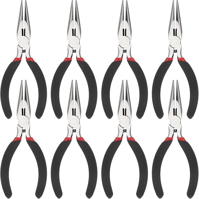 8 PCS Needle Nose Pliers, 5 Inch Long Nose Pliers Set Carbon Steel Serrated Jaw Plier for Wire Bending Cutting Jewelry Making Electronics Repair Object Grasping