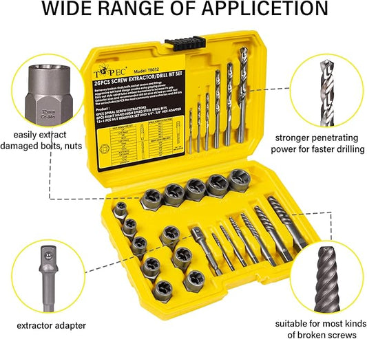 Topec 26Pcs Screw and Bolt Extractor Set, Easy Out Bolt Extractor Socket Set with Drill Bits, Stripped Screw Removal Tool for Broken, Damaged, Rounded Nuts
