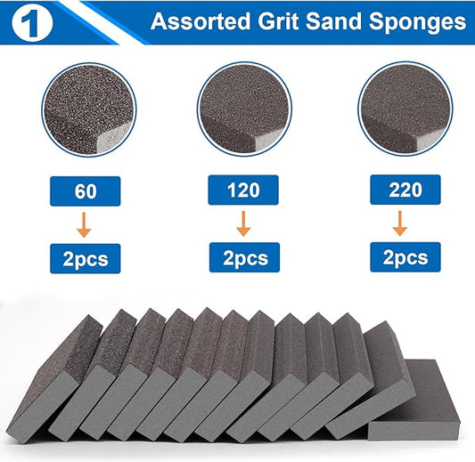 smseace 6Pack Sanding Block 60/120/220 Grit Sandpaper Block Washable and Reusable Sanding Blocks for Wood/Drywall/Metal/Glasses Sanding Block Set Sanding Sponge