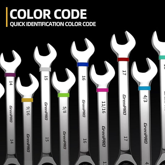 GRENPRO Ratcheting Wrench Set, 23PCS Combination Wrench Sets, Wrench Set Metric and Standard & SAE, 6-18mm & 1/4" to 3/4" with Color Ring, Ratchet Set With Roll Up Pouch, CRV Socket Mechanic Tool Sets
