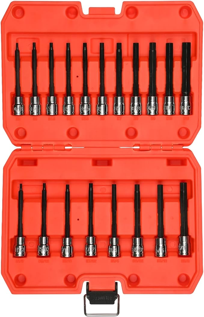 19-Piece 3/8" Drive Long Reach Impact Hex Bit Socket Set, SAE (1/8"-3/8") & Metric (3mm-12mm) Deep Allen Key Wrench Set, S2 and Cr-V Steel, with Molded Storage Box