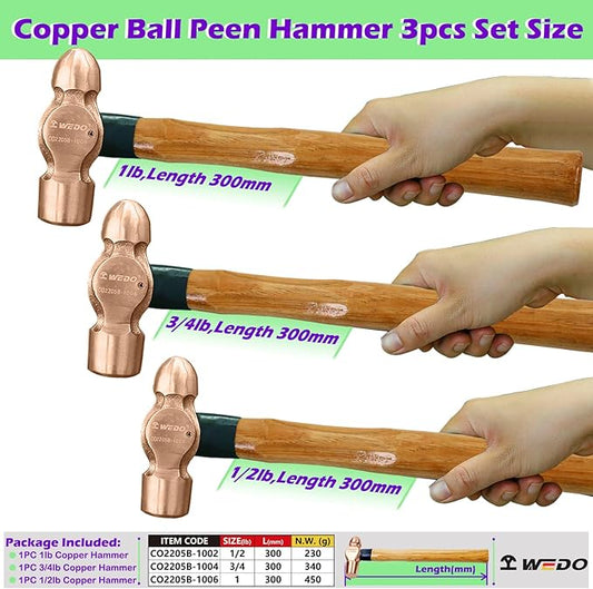 WEDO 3PCS Copper Ball Peen Hammer Set, 8 oz + 12 oz + 16 oz(1/2lb+3/4LB+1lb),Ball Pein Hammer with Wooden Handle, Die-Forged, Corrosion Resistant, DIN Standard