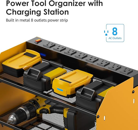 CCCEI Modular Power Tool Organizer Wall Mount with Charging Station. Garage Drill Storage Shelf with Hooks, Heavy Duty Rack, Tool Battery Holder Built in 8 Outlet. Gift for Men. Yellow, 1 Pack.
