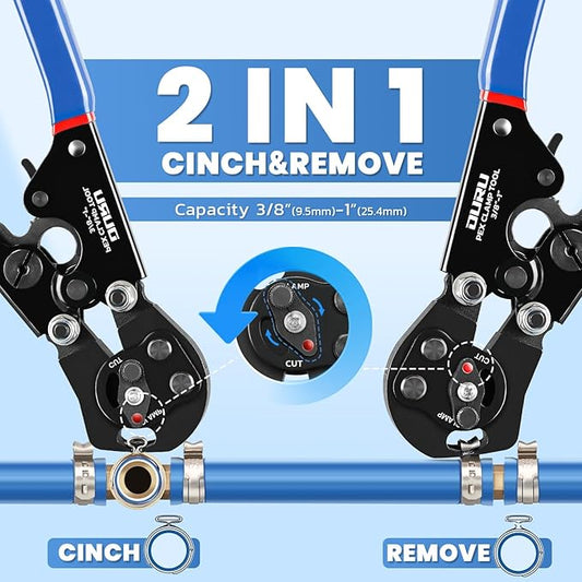 2 IN 1 Ratchet Pex Crimping Tool Pliers Cinch and Remove Combo Function Professional Pex Crimper Long Handle Pex Pinch Tool Pex Pipe Crimp Tool for 3/8" to 1" Stainless Steel Clamps