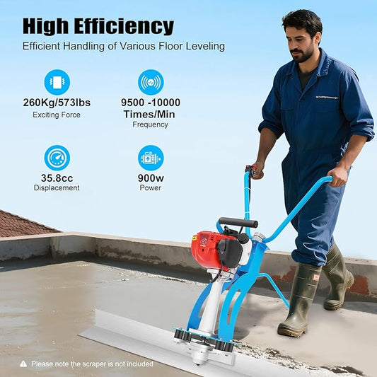 4-Stroke Gas Concrete Vibrating Machine, 900W 35.8CC Commercial Power Screed Vibrating Screed Power Unit Concrete Wet Screed Gasoline Cement Vibrator with 0.65L Fuel Tank for Pavement & Bridge Decks