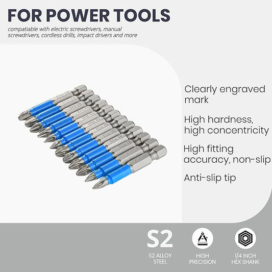 Anti Slip Phillips Cross Slot Pozidriv Screwdriver Bit Set 12PCS 1/4 Inch Hex Shank 2 Inch/50 mm Length S2 Steel with Magnetic for Power Screwdriver Drill Impact Driver Tool Accessory