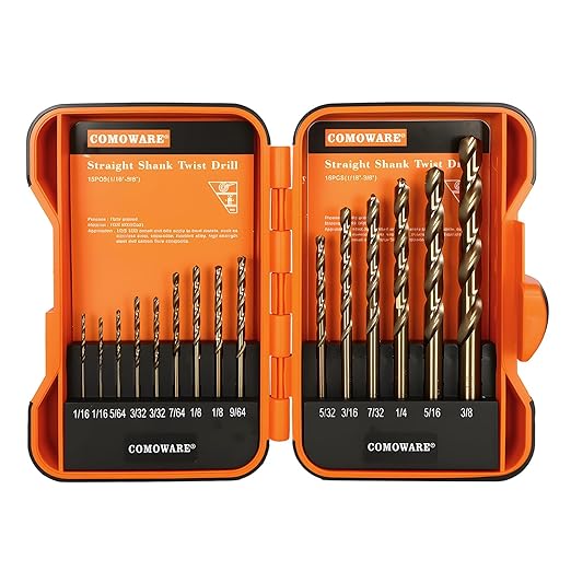 COMOWARE 15Pcs Drill Bit Set (1/16"-3/8"), M35 HSS Twist Drill Bits, Jobber Length, Straight Shank, Metal Drills bit Set for Steel, Stainless Steel/Iron/Wood/Plastic, with Metal Indexed Storage Case