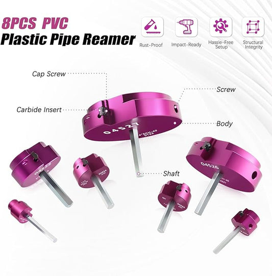 PVC Pipe Reamer Kit 8 PCS 3/4", 1/2", 1", 1-1/4", 1-1/2", 2", 3", 4" for SCH 40 CPVC & ABS Plastic Fittings ??Fits 1/2" Drills with 3/8" Hex Shaft, Durable & Heavyduty for Exhaust, Drain & Water Pipe