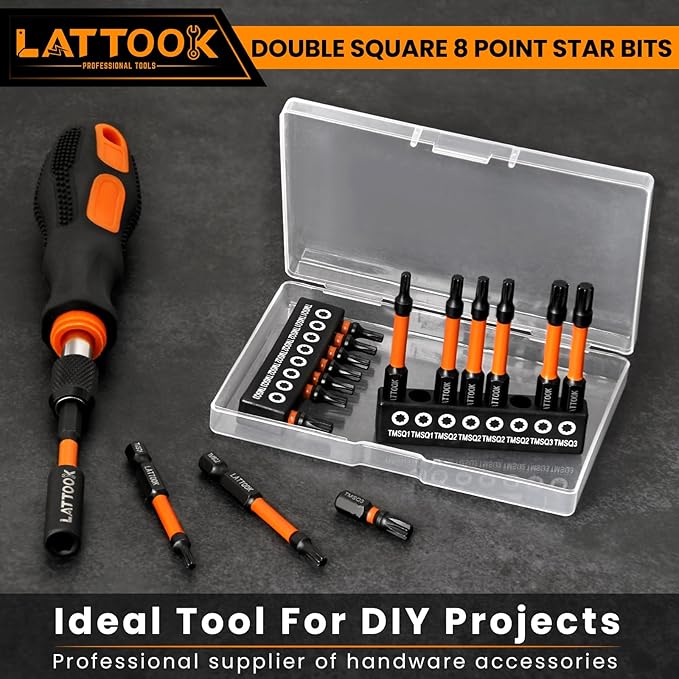 Double Square 8 Point Star Bit Set with Quick Change Bit Driver, LATTOOK 17PCS 8 Point Star Bits 2 Square Drive Bits, Magnetic S2 Steel, 2.3'' & 1'' Long, #1, #2, #3