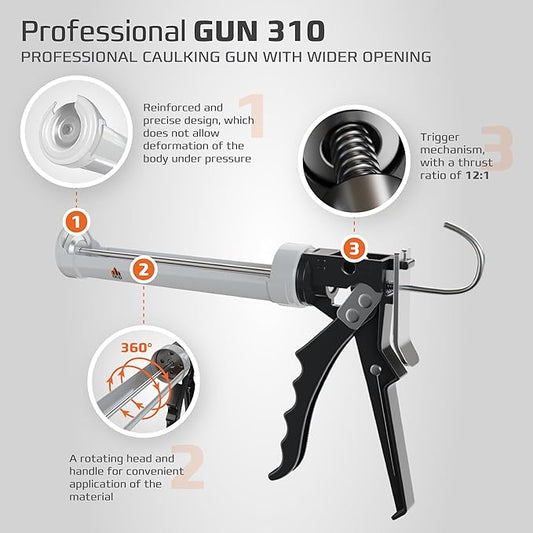 DCP Professional Gun 310 Caulking Gun with Wider Opening 10 oz. - Manual Caulking Tool Gun Suitable for Silicone, Polyurethane & Acrylic Caulk - 12:1 Thrust Ratio Hand Caulk Gun with Wider Opening