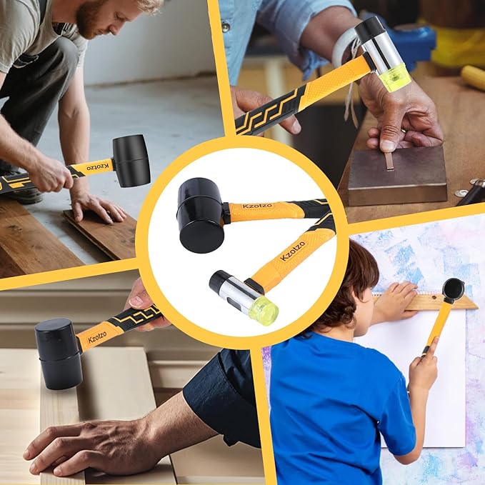2-Pack Rubber Mallet Hammer Set, 16oz & 35mm Tool for Flooring, Tent Stakes, Woodworking, Camping, Crafts, Jewelry Wood,Fiberglass Shockproof Cushioned Grip, (16OZ 35MM Rubber Hamme)