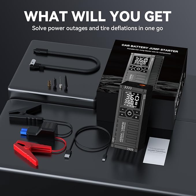 Car Battery Jump Starter with Air Compressor - 4500A 150PSI Portable Car Jump Starters (All Gas/10L Diesel) with Tire Inflator, 12V Car Battery Jump Box with Jumper Cables, LCD Display, LED Light