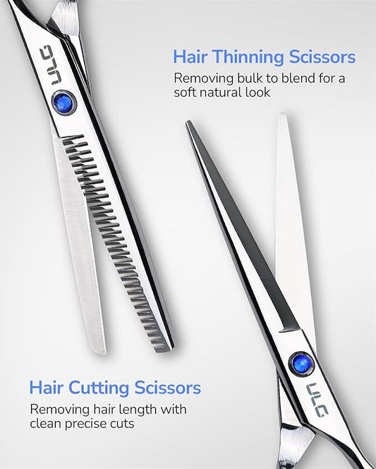ULG Hair Cutting Scissors Thinning Shears Kit Professional Hairdressing Texturizing Salon Razor Edge Scissor Barber Kit Plus 6.5 inch Silver