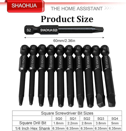 10PCS Square Drill Bit, 2.36" Magnetic Head Robertson Screwdriver, 1/4 Inch Hex Shank Square Bit Set Sizes #0,1,2,3 and #4, PREMIUM S2 Alloy Steel Robertson Driver Bits, Pocket Hole Screw Drill Bit