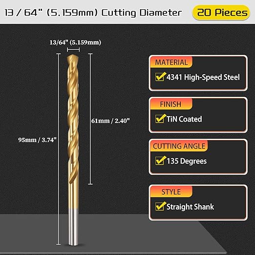 Drill Bit, 13/64" Cutting Diameter, 4341 HSS Jobber Bits TiN Coated 135° Cutting Angle - (Applications: for Drilling Soft Metal Plastic Wood), 20-Pieces
