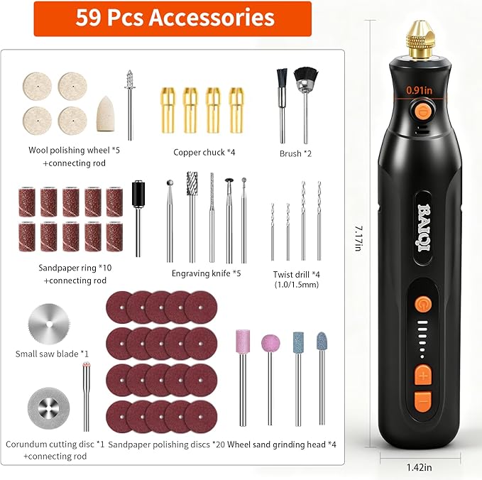 Electric Totary Cordless Tool Kit, Type-C Rechargeable 2000mAH, 6 Adjustment Speeds(5000-22000RPM), 59Pcs Accessories For DIY Crafting,SandingCarving,Sanding,Cutting (Black-59 pcs Accessories)