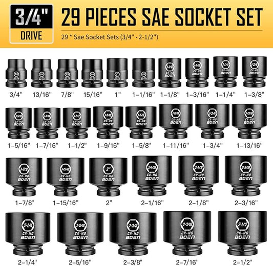 boen 3/4" Drive SAE Impact Socket Set, 3/4 inch - 2-1/2 inch Large Sockets, 6-Point Sockets, Rugged Construction, CR-MO, Standard Socket Set, 29PCS with Storage Case