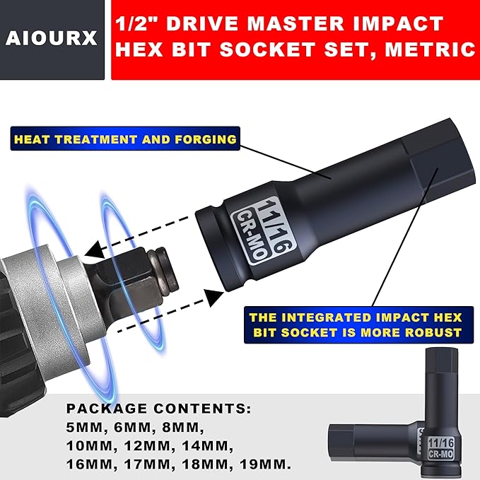 1/2" Drive Master Impact Hex Bit Socket Set, SAE, 10 Pieces 1/2" Drive Impact Allen Bit Socket Set, 1/4" - 3/4", Cr-Mo Steel, Heavy Duty Storage Case