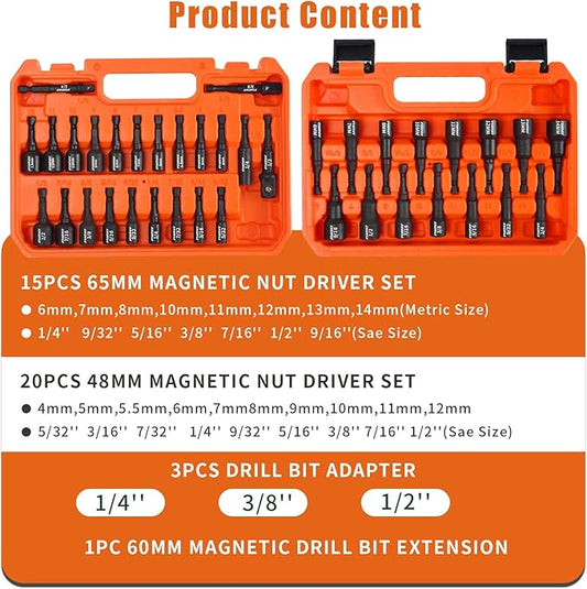 39Pcs Magnetic Nut Driver Set for Impact Drill, Metric & SAE Magnetic Impact Drill Driver Bit, 1/4" Hex Shank, Fully Magnetic Hex Nut Driver Drill Bit Master Kit, Black