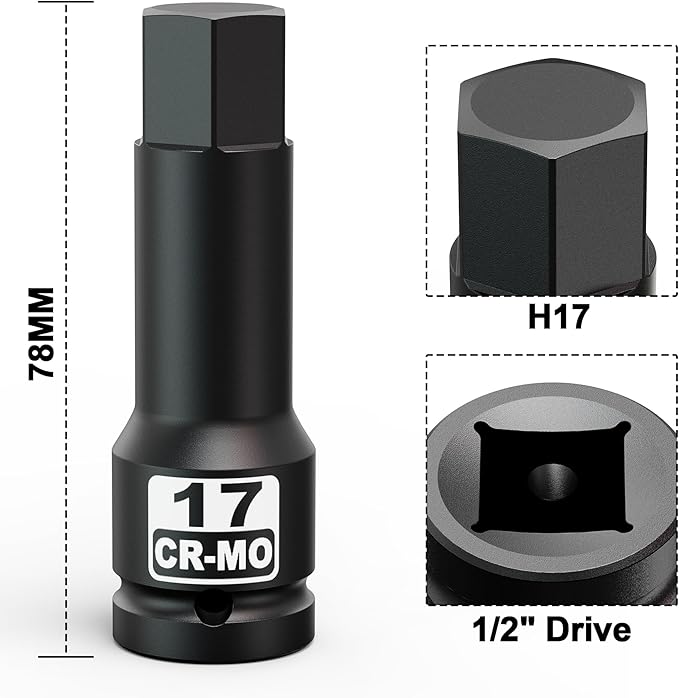 1/2" Drive 17 mm Hex Impact Bit Socket, H17 Allen Bit Socket, Metric, Cr-Mo Steel, Automotive Repair Industrial Maintenance and DIY Enthusiasts Alike