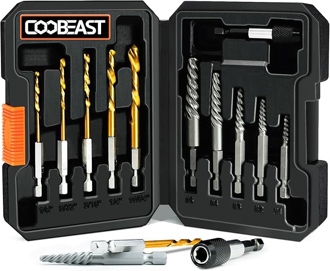 11Pcs Screw Extractor Set, Left Hand Drill Bit and Bolt Extractor Kit Easy to Remove Stripped Broken Damaged Screw Bolt and Nut Out, Reverse Drill Bit Extractor Set with Sturdy Case