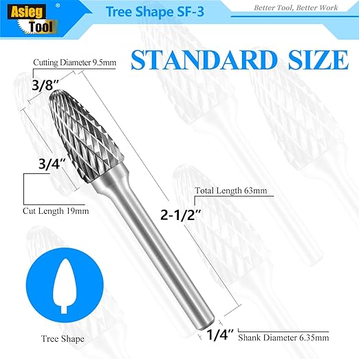 SF-3 Tungsten Carbide Burr Rotary File Tree Shape Radius End Shape Double Cut for Die Grinder Drill Bits 1/4'' Inch Diameter of Shank and 3/8'' Inch Diameter of Cutter 3/4'' Inch Cutter Length