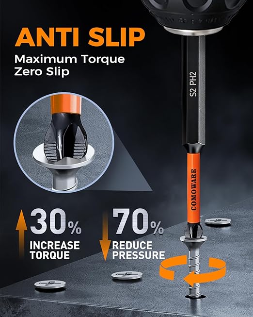 COMOWARE 12pcs Phillips Head Drill Bits #2, S2 Steel 1/4" Hex Bit Set, Anti Slip Screwdriver Bits, 1-6" Length, CNC Tip Magnetic Drill Bit, Impact Hex Bitss Sets For Electronic Devices Disassembly