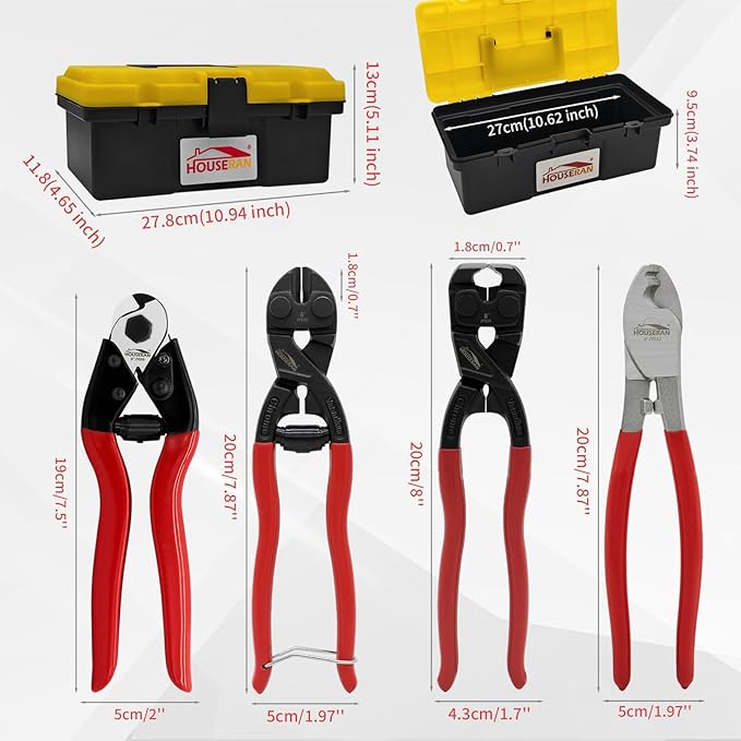 4Pcs Bolt Cutter Pliers Set, 8" Cable Cutter, 8" Bolt Cutter, 8" Wire Rope Cutter, 8" End Cutting Pliers with Toolbox, Cr-V Blade for Cutting Locks, Barbed Wire, Steel Wire, Chains, Rivets
