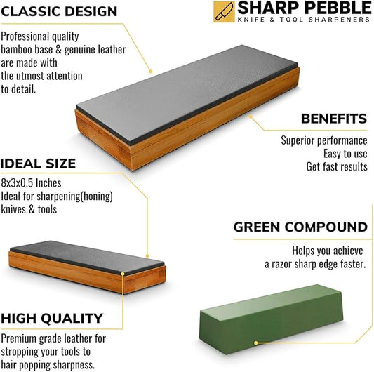 Sharp Pebble Premium Leather Strop for Knife Sharpening with Polishing Compound - Sharpening Strop for Knives, Straight Razor, Chisels - with eBook Guide