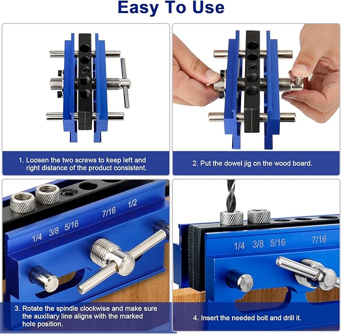 Self Centering Dowel Jig Kit, Drill Jig for Straight Holes Biscuit Joiner Set, Adjustable Drilling Guide Wood Working Tools with 3 Drill and 6 Drill Guide Bushings, Wood Doweling Jig for Woodworking
