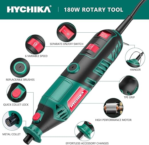 HYCHIKA 8000-35000RPM Variable Speed Rotary Tool,180W Rotary Tool With 179pcs Accessories,With Flex Shaft,Grinding Chain Bracket And Tool Bag,for Grinding,Cutting,Wood Carving,Sanding and Engraving