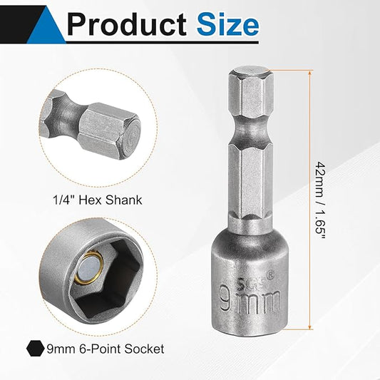 HARFINGTON 5pcs Nut Driver Drill Bit 9mm Metric Socket 1/4" Hex Shank 1.65" (42mm) Long Magnetic 6-Point Sockets Quick Change CR-V Steel Bolt Setters for Power Drill Drivers