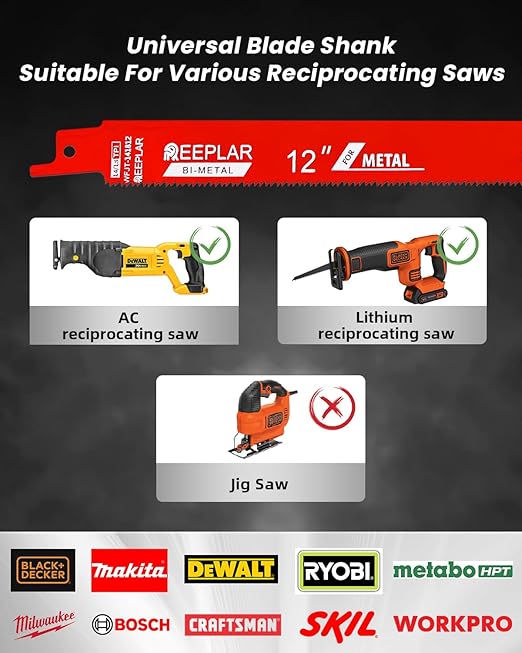 10 Pack 12 inch 14/18 TPI Bi-Metal Auto Dismantling Reciprocating Saw Blades for 1/16-5/16 Medium Metals, 12??14+18-TPI Saw Blade for Metal Cutting