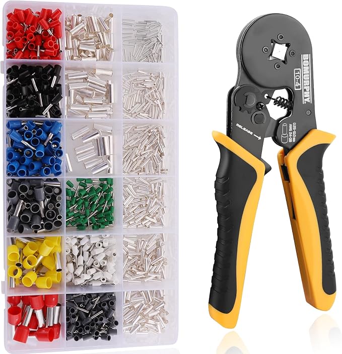 Ferrule Crimping Tool Kit with Wire Connectors, AWG24-8 Sawtooth Self-Adjustable Ratchet Wire Terminals Crimper Kit (Crimping Tool Set - 18 Types)