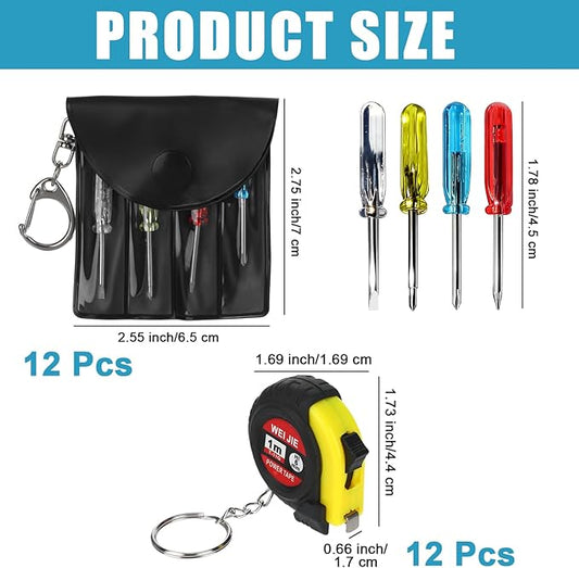 24 Set Mini Tape Measure Pocket Screwdriver Keychain Kit, Screwdriver Set for Party Favors Adults, Small Tool Pouch with Mini Screwdriver Measure Tape for Christmas Adult Party Favors